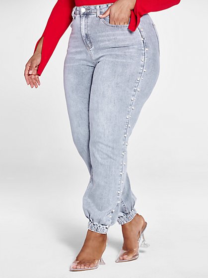 Plus Size High Rise Pearl Trim Jogger Style Jeans - Fashion To Figure