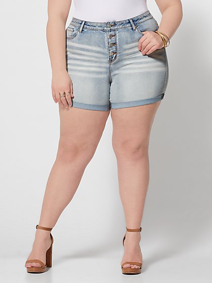 Plus Size High-Rise Roll Cuff Button Shorts - Fashion To Figure