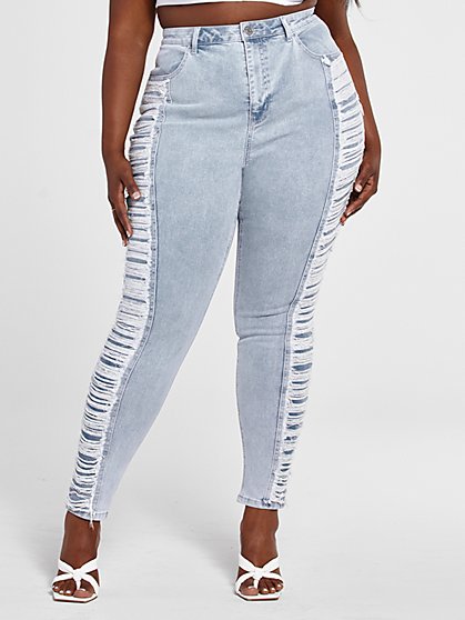 Plus Size High Rise Side Destructed Skinny Jeans - Short Inseam - Fashion To Figure