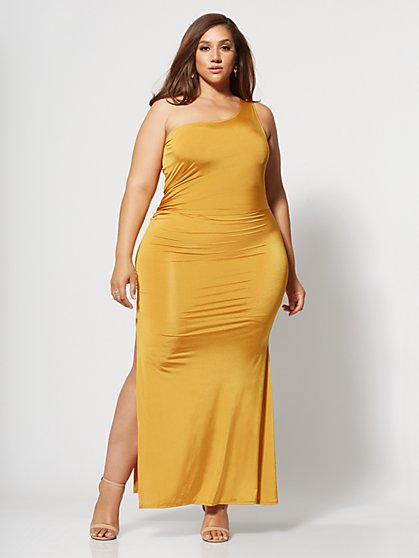 Plus Size Inari Golden One Shoulder Maxi Dress - Fashion To Figure