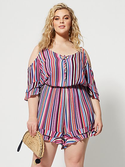Plus Size Ines Stripe Cold Shoulder Romper - Fashion To Figure