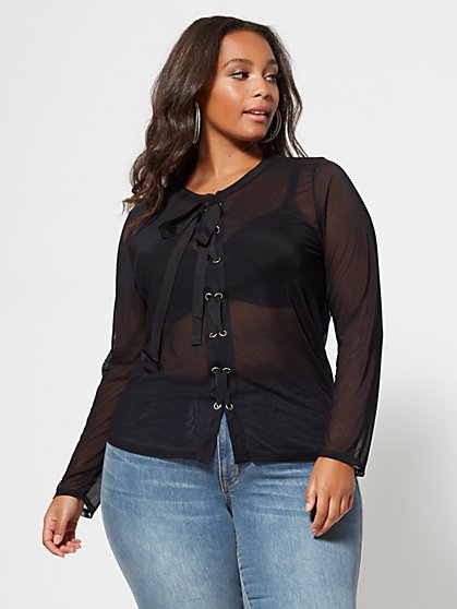 Plus Size Jett Lace-Up Mesh Top - Fashion To Figure