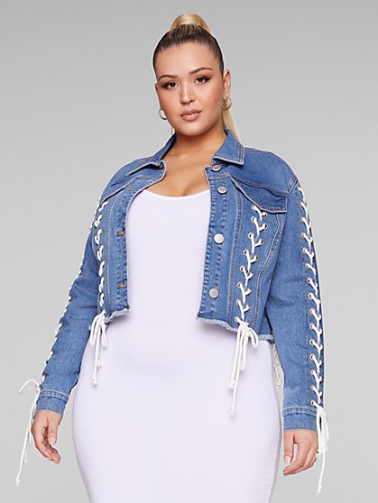 Plus Size Joi Lace-Up Detail Denim Jacket - Fashion To Figure