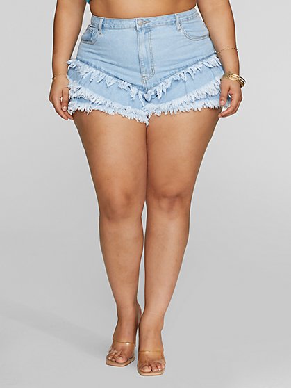 blue jean fringe shorts