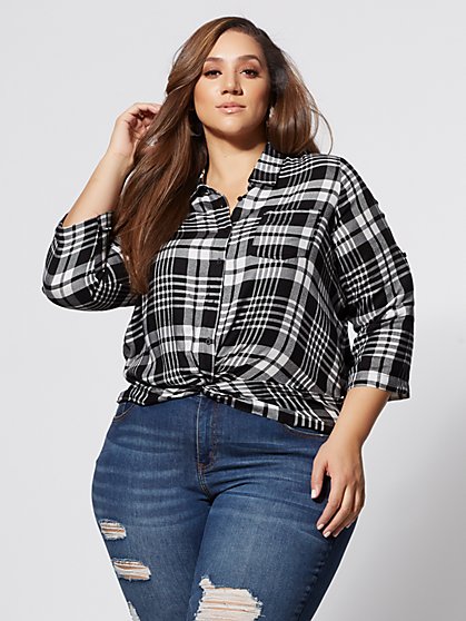 Plus Size Kacie Knot-Front Plaid Top - Fashion To Figure