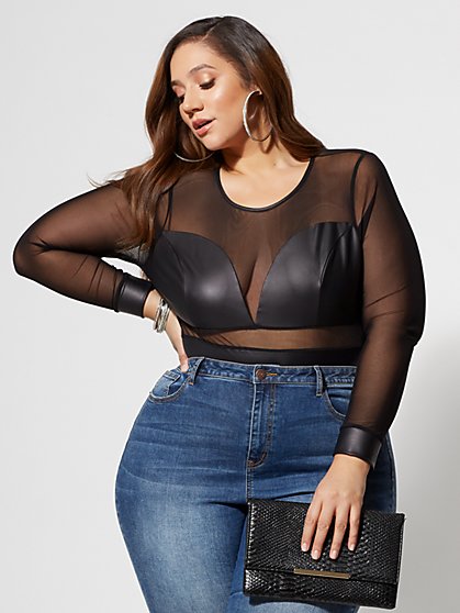 Plus Size Kai Mesh and Faux-Leather Bodysuit - Fashion To Figure