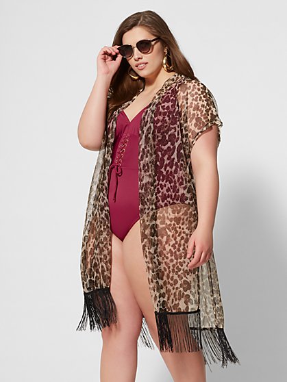 Plus Size Karla Leopard Fringe Kimono - Fashion To Figure