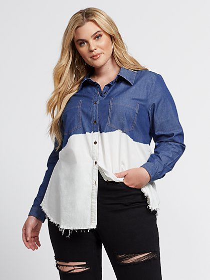 Plus Size Kendra Dip Dye Denim Button-Up Shirt - Fashion To Figure
