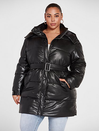 Plus Size Kendra Faux Leather Belted Puffer Coat - Fashion To Figure