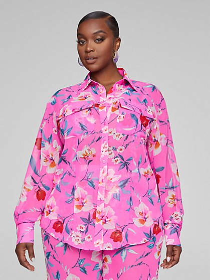 Plus Size Kristen Floral Print Button-Down Shirt - Fashion To Figure