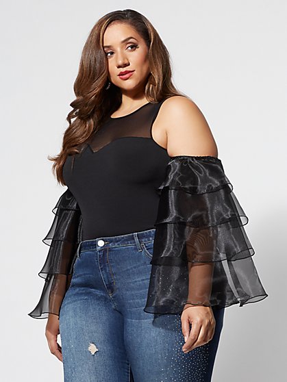 Plus Size Krystal Cold-Shoulder Organza Top - Fashion To Figure