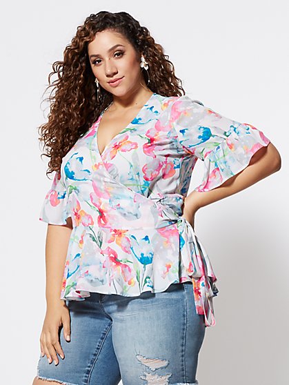 Plus Size Kyliegh Floral Wrap Peplum Top - Fashion To Figure