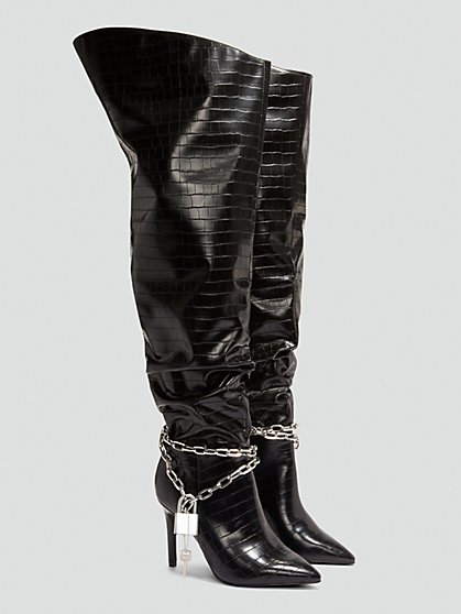 Plus Size Labradorite Thigh-High Faux Croc Leather Boots - Nadia x FTF - Fashion To Figure