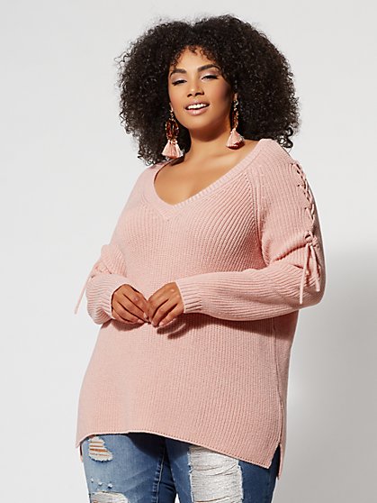 Plus Size Lace-Up Sleeve Sweater - Fashion To Figure