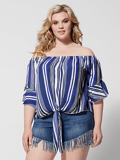 Plus Size Lacie Off Shoulder Stripe Tie Top - Fashion To Figure