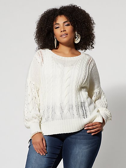 Plus Size Lantern-Sleeve Cable Knit Sweater - Fashion To Figure