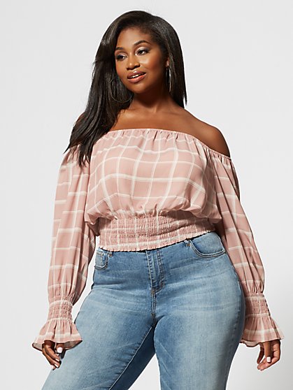Plus Size Leandra Plaid Off Shoulder Blouse - Fashion To Figure