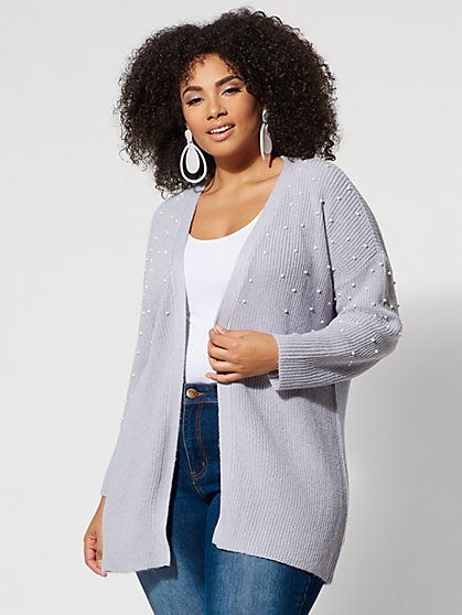 Plus Size Long Pearl-Accented Cardigan - Fashion To Figure