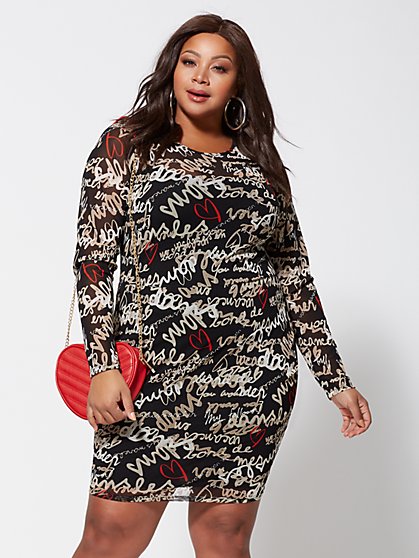Plus Size Love Graffiti Mesh Bodycon Dress - Fashion To Figure