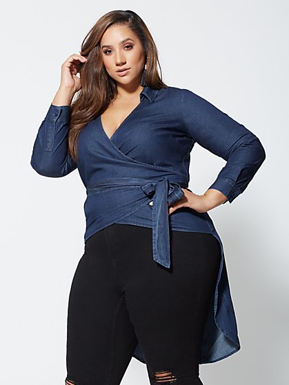 Plus Size Lynnette Denim High-Low Wrap Top - Fashion To Figure