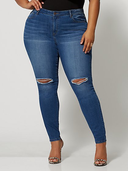 Plus Size Medium Wash Mid-Rise Destructed Crosshatch Skinny Jeans - Fashion To Figure