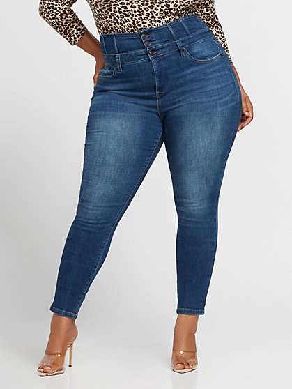 Plus Size Medium Wash Ultra High-Rise Corset Waistband Skinny Jeans - Fashion To Figure