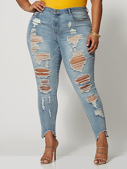 Plus Size Mid-Rise All Over Destructed Skinny Jeans - Fashion To Figure