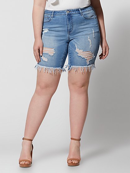 Plus Size Mid-Rise Fray and Destruction Bermuda Shorts - Fashion To Figure