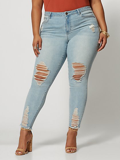 Plus Size Mid-Rise Light Wash Destructed Skinny Jeans - Regular Inseam - Fashion To Figure