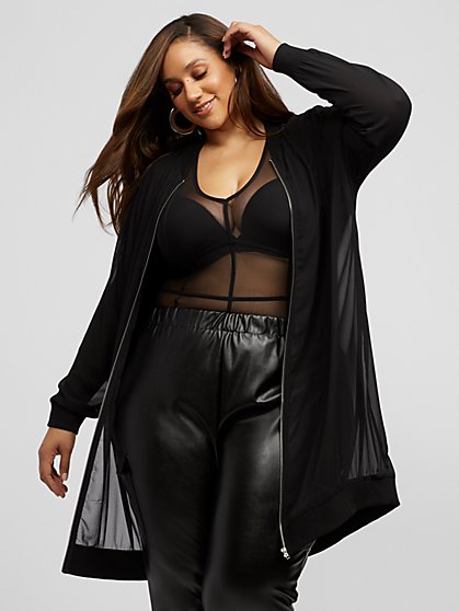 Plus Size Mirabelle Sheer Long Bomber Jacket - Fashion To Figure