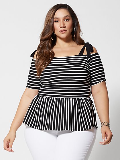Plus Size Natalie Striped Bow-Shoulder Peplum Top - Fashion To Figure