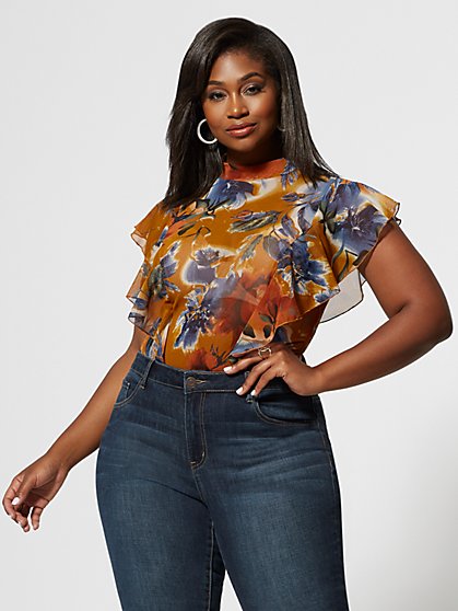 Plus Size Nixie Mesh Flutter Sleeve Bodysuit - Fashion To Figure