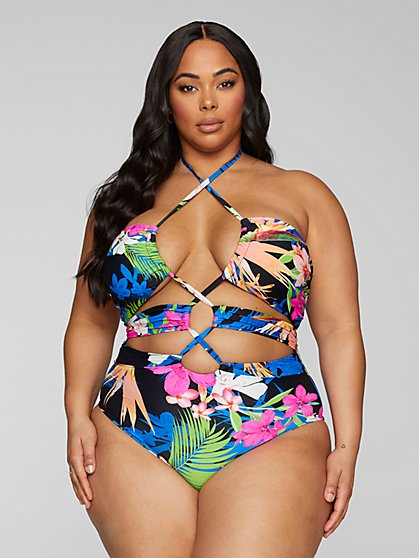 Plus Size Nyla Halter Tropical Print One-Piece Swimsuit - Fashion To Figure