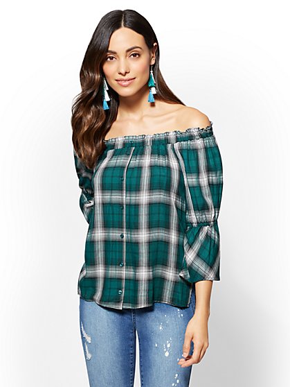Off-The-Shoulder Blouse - Plaid - New York & Company