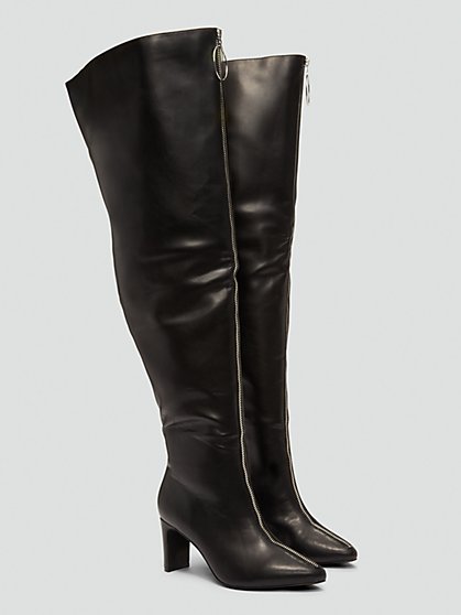 Plus Size Onyx Thigh-High Zipper Faux Leather Boots - Nadia x FTF - Fashion To Figure