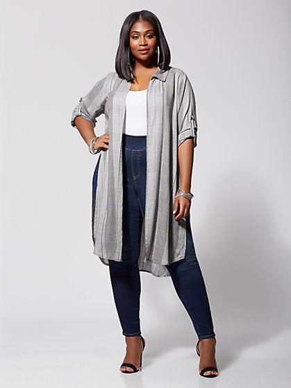 Plus Size Penny Open-Front Plaid Duster - Fashion To Figure