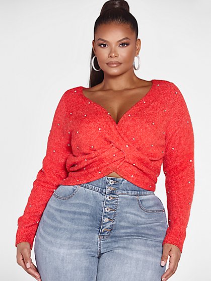 Plus Size Ramona Twist Front Rhinestone Sweater - Fashion To Figure