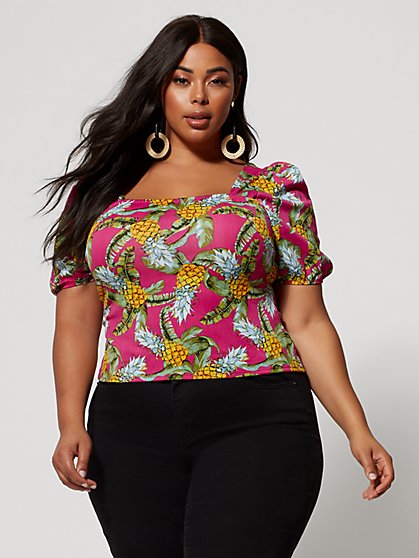 Plus Size Regina Pineapple Puff Sleeve Top - Fashion To Figure