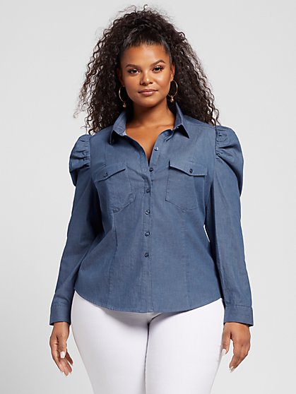 Plus Size Renae Puff Sleeve Chambray Top - Fashion To Figure