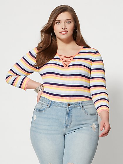 Plus Size Riley Lace-Up Stripe Sweater - Fashion To Figure