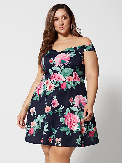 Plus Size Rosalie Off Shoulder Floral Flare Dress - Fashion To Figure