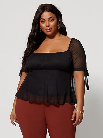 Plus Size Rosario Tie Sleeve Mesh Top - Fashion To Figure