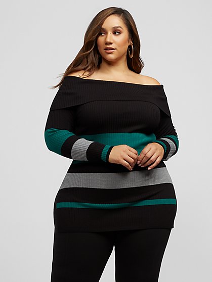 Plus Size Rowan Off Shoulder Stripe Sweater - Fashion To Figure