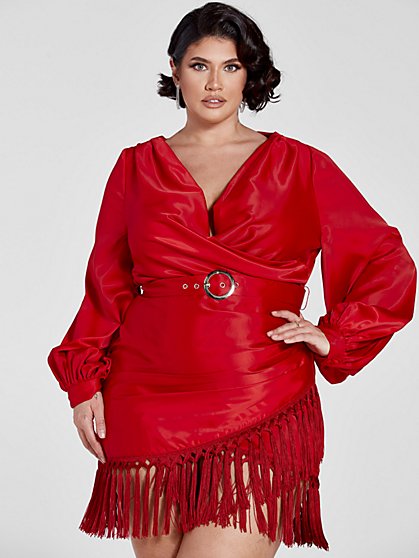 Plus Size Shawna Belted Satin Dress with Tassels - Fashion To Figure