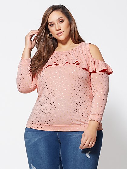 Plus Size Starry Cold-Shoulder Ruffle Top - Fashion To Figure