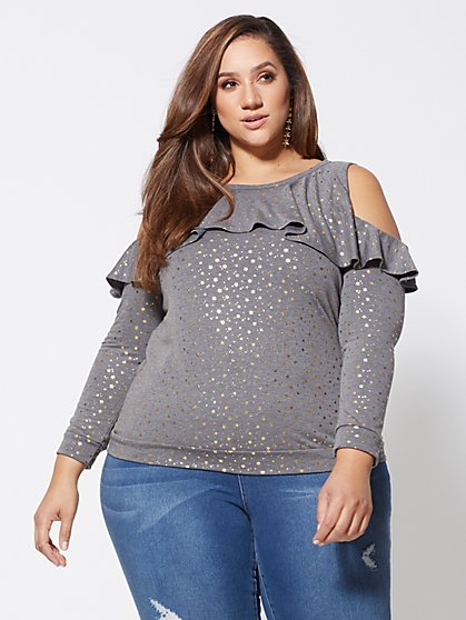 Plus Size Starry Cold-Shoulder Ruffle Top - Fashion To Figure