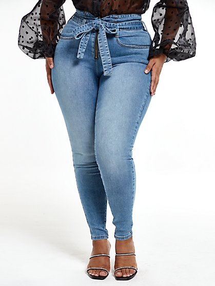 Plus Size Super Skinny Jeans with Tie Waist - Short Inseam - Fashion To Figure