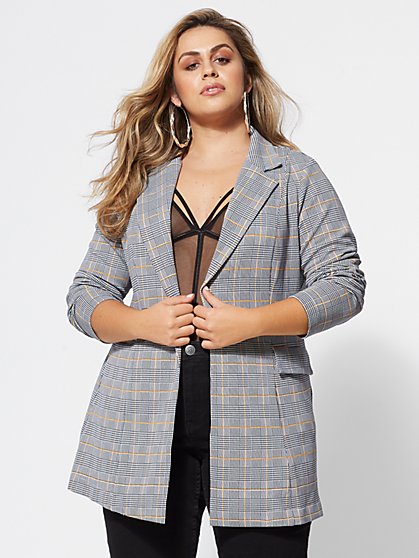 Plus Size Tabbie Plaid Longline Blazer - Fashion To Figure