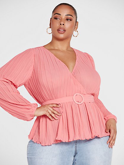Plus Size Talie Pleated Peplum Belted Top - Fashion To Figure