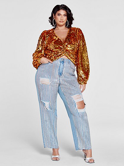 Plus Size The Turn Up High-Rise Sequin Front Denim Trousers - Patrick Starrr x FTF - Fashion To Figure